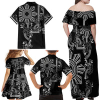 Filipino Sun Tribal Tattoo Family Matching Off Shoulder Maxi Dress and Hawaiian Shirt Philippines Inspired Barong Simple Black LT9 - Wonder Print Shop