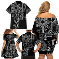 Filipino Sun Tribal Tattoo Family Matching Off Shoulder Short Dress and Hawaiian Shirt Philippines Inspired Barong Simple Black LT9 - Wonder Print Shop