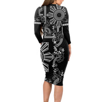 Filipino Sun Tribal Tattoo Long Sleeve Bodycon Dress Philippines Inspired Barong Simple Black - Wonder Print Shop