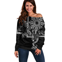 Filipino Sun Tribal Tattoo Off Shoulder Sweater Philippines Inspired Barong Simple Black - Wonder Print Shop