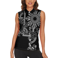 Filipino Sun Tribal Tattoo Women Sleeveless Polo Shirt Philippines Inspired Barong Simple Black - Wonder Print Shop