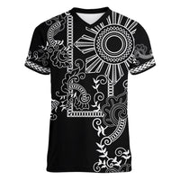 Filipino Sun Tribal Tattoo Women V-Neck T-Shirt Philippines Inspired Barong Simple Black - Wonder Print Shop