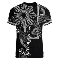 Filipino Sun Tribal Tattoo Women V-Neck T-Shirt Philippines Inspired Barong Simple Black - Wonder Print Shop