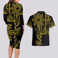 Filipino Sun Tribal Tattoo Couples Matching Long Sleeve Bodycon Dress and Hawaiian Shirt Philippines Inspired Barong Simple Gold LT9 - Wonder Print Shop