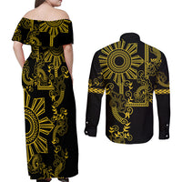 Filipino Sun Tribal Tattoo Couples Matching Off Shoulder Maxi Dress and Long Sleeve Button Shirt Philippines Inspired Barong Simple Gold LT9 - Wonder Print Shop