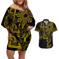 Filipino Sun Tribal Tattoo Couples Matching Off Shoulder Short Dress and Hawaiian Shirt Philippines Inspired Barong Simple Gold LT9 - Wonder Print Shop