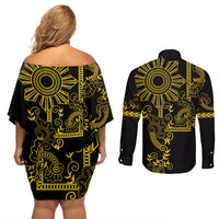 Filipino Sun Tribal Tattoo Couples Matching Off Shoulder Short Dress and Long Sleeve Button Shirt Philippines Inspired Barong Simple Gold LT9 - Wonder Print Shop