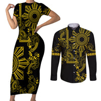 Filipino Sun Tribal Tattoo Couples Matching Short Sleeve Bodycon Dress and Long Sleeve Button Shirt Philippines Inspired Barong Simple Gold LT9 - Wonder Print Shop
