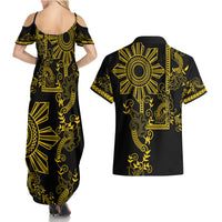 Filipino Sun Tribal Tattoo Couples Matching Summer Maxi Dress and Hawaiian Shirt Philippines Inspired Barong Simple Gold LT9 - Wonder Print Shop