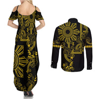 Filipino Sun Tribal Tattoo Couples Matching Summer Maxi Dress and Long Sleeve Button Shirt Philippines Inspired Barong Simple Gold LT9 - Wonder Print Shop