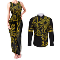 Filipino Sun Tribal Tattoo Couples Matching Tank Maxi Dress and Long Sleeve Button Shirt Philippines Inspired Barong Simple Gold LT9 - Wonder Print Shop