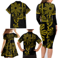 Filipino Sun Tribal Tattoo Family Matching Long Sleeve Bodycon Dress and Hawaiian Shirt Philippines Inspired Barong Simple Gold LT9 - Wonder Print Shop