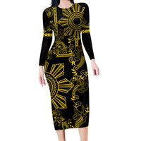 Filipino Sun Tribal Tattoo Family Matching Long Sleeve Bodycon Dress and Hawaiian Shirt Philippines Inspired Barong Simple Gold LT9 - Wonder Print Shop