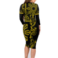Filipino Sun Tribal Tattoo Family Matching Long Sleeve Bodycon Dress and Hawaiian Shirt Philippines Inspired Barong Simple Gold LT9 - Wonder Print Shop