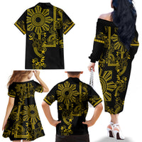 Filipino Sun Tribal Tattoo Family Matching Off The Shoulder Long Sleeve Dress and Hawaiian Shirt Philippines Inspired Barong Simple Gold - Wonder Print Shop