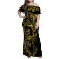 Filipino Sun Tribal Tattoo Family Matching Off Shoulder Maxi Dress and Hawaiian Shirt Philippines Inspired Barong Simple Gold LT9 - Wonder Print Shop
