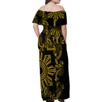 Filipino Sun Tribal Tattoo Family Matching Off Shoulder Maxi Dress and Hawaiian Shirt Philippines Inspired Barong Simple Gold LT9 - Wonder Print Shop