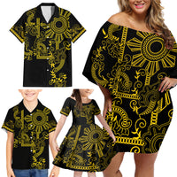 Filipino Sun Tribal Tattoo Family Matching Off Shoulder Short Dress and Hawaiian Shirt Philippines Inspired Barong Simple Gold LT9 - Wonder Print Shop