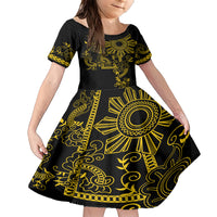 Filipino Sun Tribal Tattoo Family Matching Short Sleeve Bodycon Dress and Hawaiian Shirt Philippines Inspired Barong Simple Gold - Wonder Print Shop