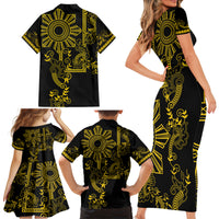 Filipino Sun Tribal Tattoo Family Matching Short Sleeve Bodycon Dress and Hawaiian Shirt Philippines Inspired Barong Simple Gold - Wonder Print Shop