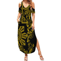 Filipino Sun Tribal Tattoo Family Matching Summer Maxi Dress and Hawaiian Shirt Philippines Inspired Barong Simple Gold - Wonder Print Shop