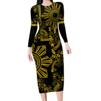 Filipino Sun Tribal Tattoo Long Sleeve Bodycon Dress Philippines Inspired Barong Simple Gold - Wonder Print Shop