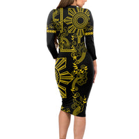 Filipino Sun Tribal Tattoo Long Sleeve Bodycon Dress Philippines Inspired Barong Simple Gold - Wonder Print Shop