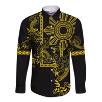 Filipino Sun Tribal Tattoo Long Sleeve Button Shirt Philippines Inspired Barong Simple Gold - Wonder Print Shop