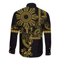 Filipino Sun Tribal Tattoo Long Sleeve Button Shirt Philippines Inspired Barong Simple Gold - Wonder Print Shop