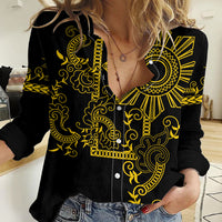 Filipino Sun Tribal Tattoo Women Casual Shirt Philippines Inspired Barong Simple Gold - Wonder Print Shop