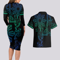 Filipino Sun Tribal Tattoo Couples Matching Long Sleeve Bodycon Dress and Hawaiian Shirt Philippines Inspired Barong Blue Art LT9 - Wonder Print Shop