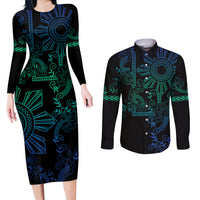 Filipino Sun Tribal Tattoo Couples Matching Long Sleeve Bodycon Dress and Long Sleeve Button Shirt Philippines Inspired Barong Blue Art LT9 - Wonder Print Shop