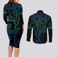 Filipino Sun Tribal Tattoo Couples Matching Long Sleeve Bodycon Dress and Long Sleeve Button Shirt Philippines Inspired Barong Blue Art LT9 - Wonder Print Shop