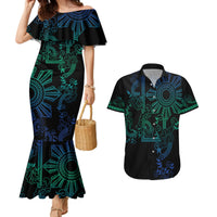 Filipino Sun Tribal Tattoo Couples Matching Mermaid Dress and Hawaiian Shirt Philippines Inspired Barong Blue Art LT9 - Wonder Print Shop