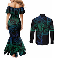 Filipino Sun Tribal Tattoo Couples Matching Mermaid Dress and Long Sleeve Button Shirt Philippines Inspired Barong Blue Art