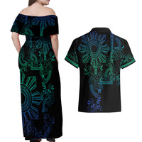 Filipino Sun Tribal Tattoo Couples Matching Off Shoulder Maxi Dress and Hawaiian Shirt Philippines Inspired Barong Blue Art LT9 - Wonder Print Shop