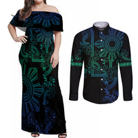 Filipino Sun Tribal Tattoo Couples Matching Off Shoulder Maxi Dress and Long Sleeve Button Shirt Philippines Inspired Barong Blue Art LT9 - Wonder Print Shop