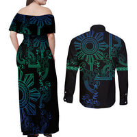 Filipino Sun Tribal Tattoo Couples Matching Off Shoulder Maxi Dress and Long Sleeve Button Shirt Philippines Inspired Barong Blue Art LT9 - Wonder Print Shop