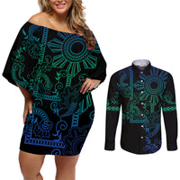 Filipino Sun Tribal Tattoo Couples Matching Off Shoulder Short Dress and Long Sleeve Button Shirt Philippines Inspired Barong Blue Art LT9 - Wonder Print Shop