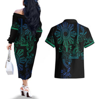 Filipino Sun Tribal Tattoo Couples Matching Off The Shoulder Long Sleeve Dress and Hawaiian Shirt Philippines Inspired Barong Blue Art LT9 - Wonder Print Shop