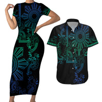 Filipino Sun Tribal Tattoo Couples Matching Short Sleeve Bodycon Dress and Hawaiian Shirt Philippines Inspired Barong Blue Art LT9 - Wonder Print Shop
