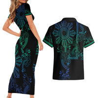 Filipino Sun Tribal Tattoo Couples Matching Short Sleeve Bodycon Dress and Hawaiian Shirt Philippines Inspired Barong Blue Art LT9 - Wonder Print Shop