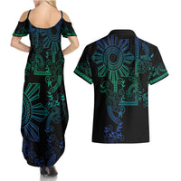Filipino Sun Tribal Tattoo Couples Matching Summer Maxi Dress and Hawaiian Shirt Philippines Inspired Barong Blue Art LT9 - Wonder Print Shop