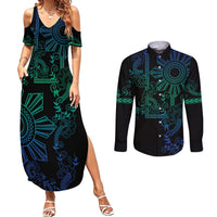 Filipino Sun Tribal Tattoo Couples Matching Summer Maxi Dress and Long Sleeve Button Shirt Philippines Inspired Barong Blue Art LT9 - Wonder Print Shop