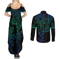 Filipino Sun Tribal Tattoo Couples Matching Summer Maxi Dress and Long Sleeve Button Shirt Philippines Inspired Barong Blue Art LT9 - Wonder Print Shop