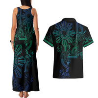 Filipino Sun Tribal Tattoo Couples Matching Tank Maxi Dress and Hawaiian Shirt Philippines Inspired Barong Blue Art LT9 - Wonder Print Shop