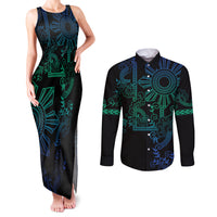 Filipino Sun Tribal Tattoo Couples Matching Tank Maxi Dress and Long Sleeve Button Shirt Philippines Inspired Barong Blue Art LT9 - Wonder Print Shop