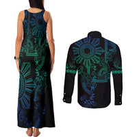 Filipino Sun Tribal Tattoo Couples Matching Tank Maxi Dress and Long Sleeve Button Shirt Philippines Inspired Barong Blue Art LT9 - Wonder Print Shop
