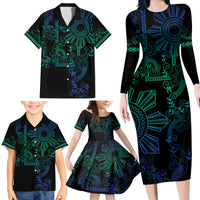 Filipino Sun Tribal Tattoo Family Matching Long Sleeve Bodycon Dress and Hawaiian Shirt Philippines Inspired Barong Blue Art LT9 - Wonder Print Shop