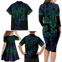 Filipino Sun Tribal Tattoo Family Matching Long Sleeve Bodycon Dress and Hawaiian Shirt Philippines Inspired Barong Blue Art LT9 - Wonder Print Shop